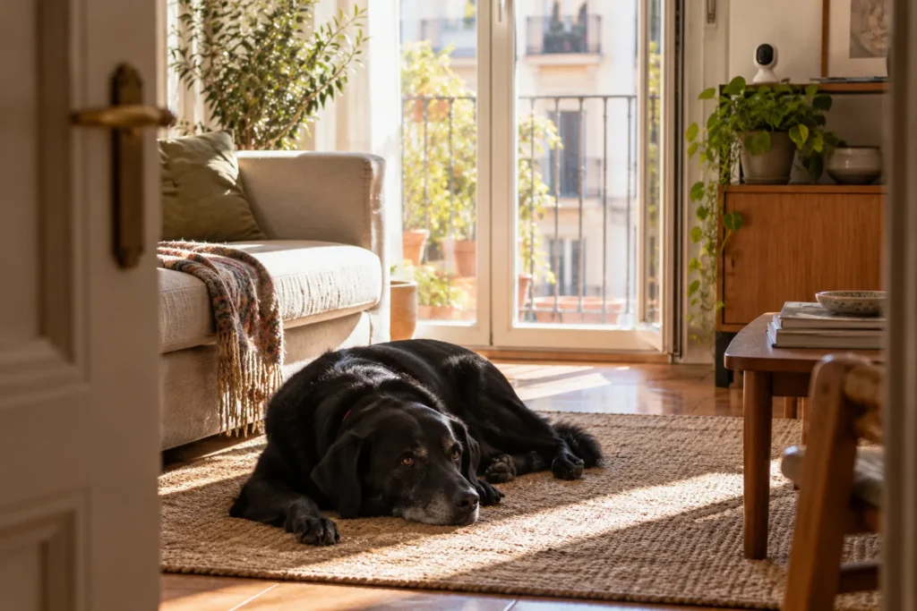 Perro descansando junto a una ventana con una cámara doméstica al fondo