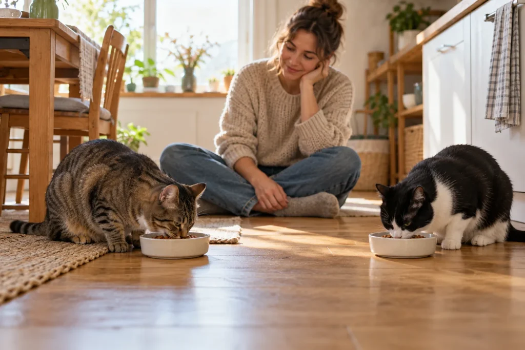 Dos gatos comiendo por separado con su persona cerca