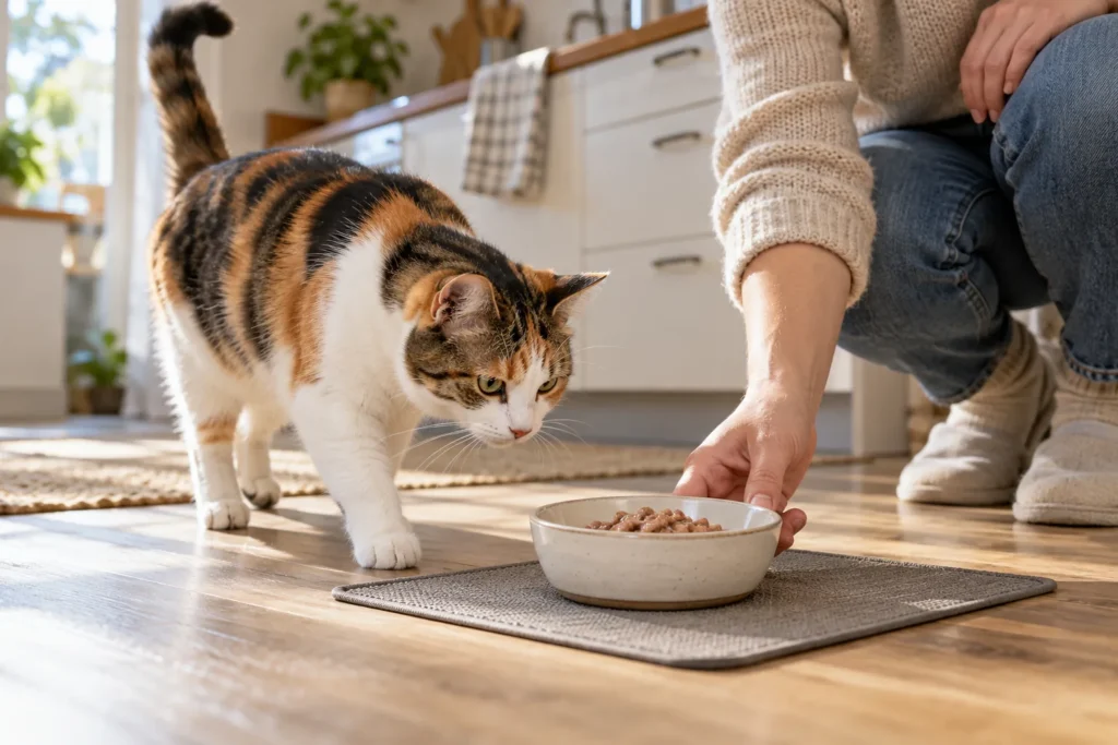 Gato acercándose a una ración de comida húmeda en casa
