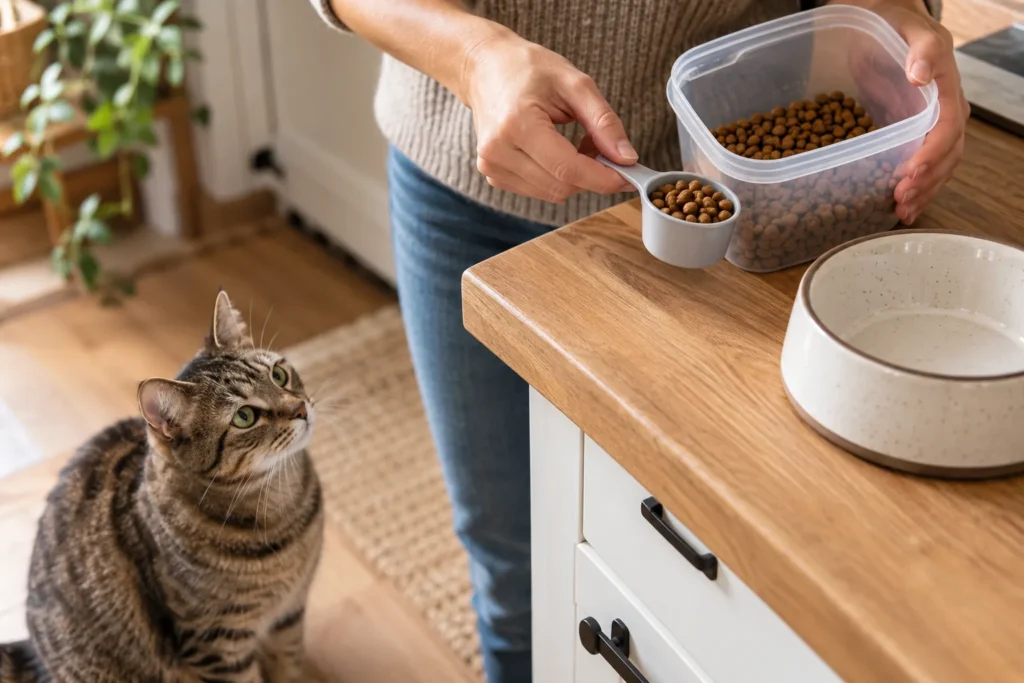 Persona midiendo pienso para su gato en la cocina