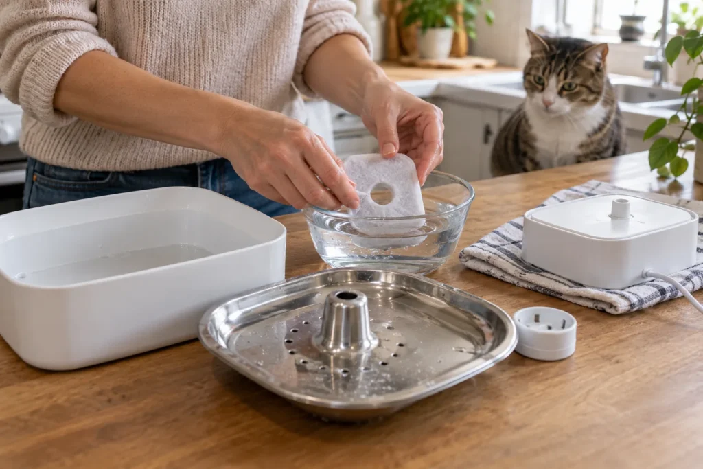 Persona preparando un filtro de repuesto para una fuente de gatos