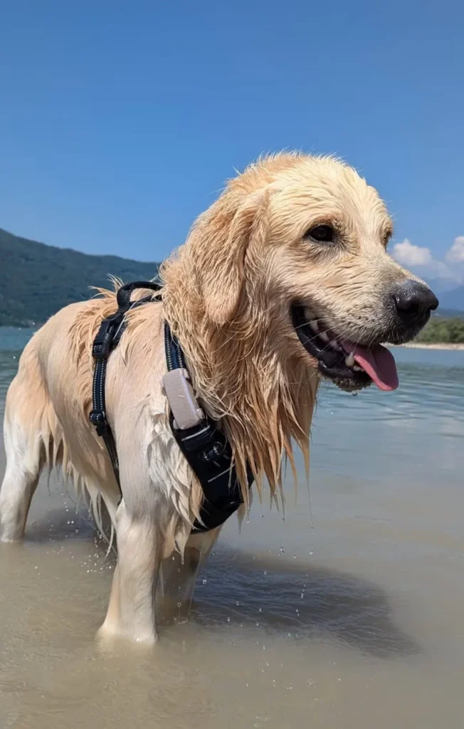Perro con collar GPS en la orilla del agua