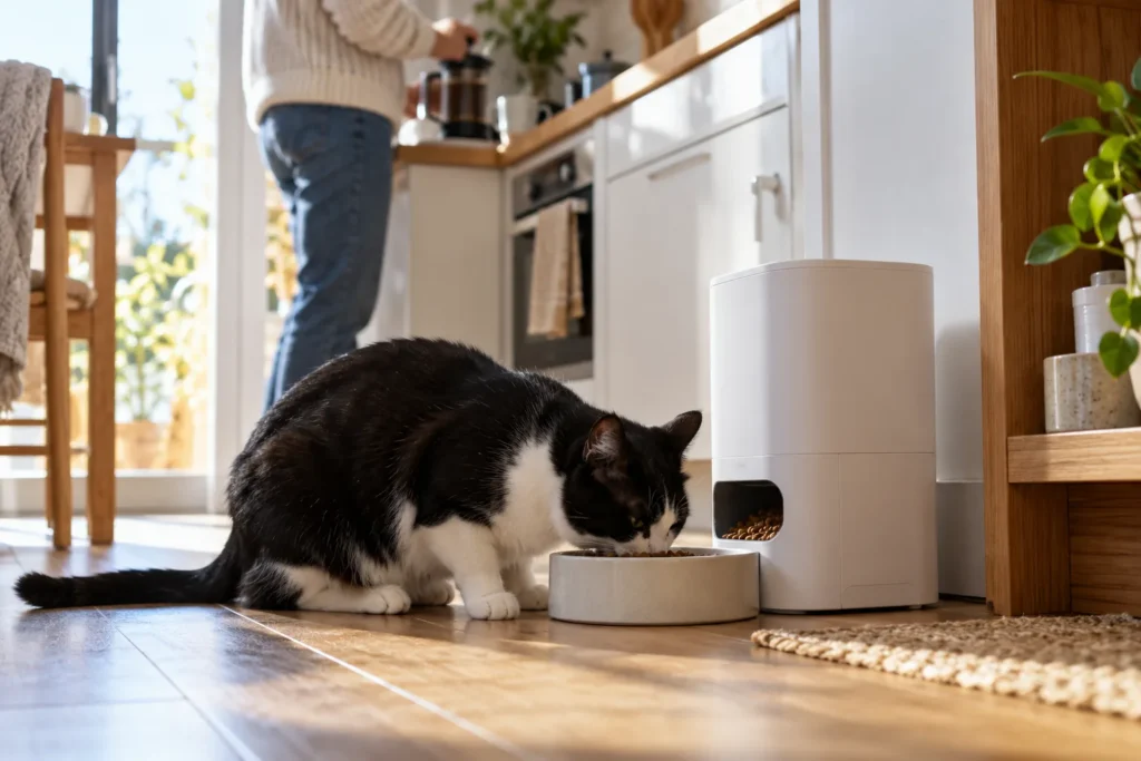Gato comiendo en su rincón de cocina junto a un comedero automático
