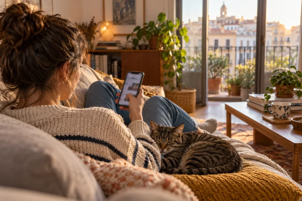 Persona usando el móvil con su gato descansando en el sofá