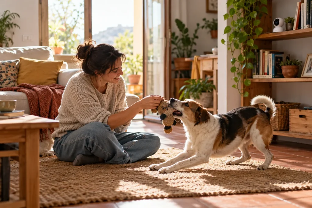 Persona jugando con su perro en un salón con una cámara doméstica