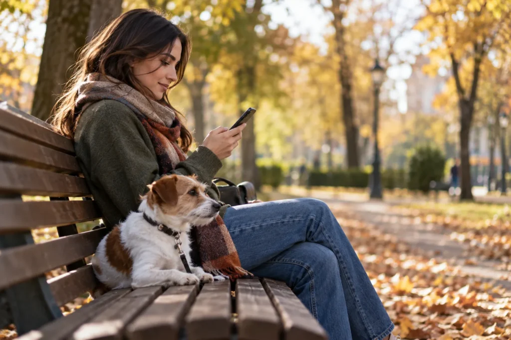 Persona mirando el móvil junto a su perro durante un paseo